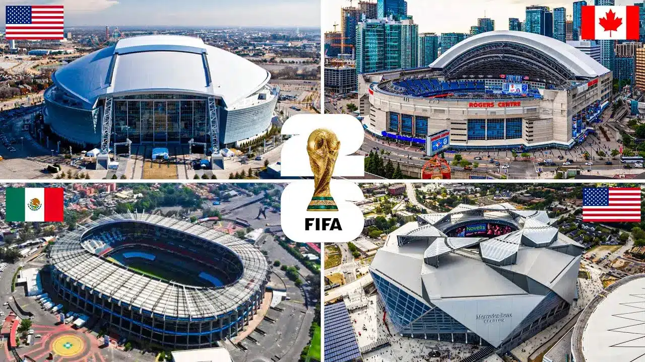 Aerial views of four stadiums in the US, Canada, and Mexico for the 2026 FIFA World Cup.