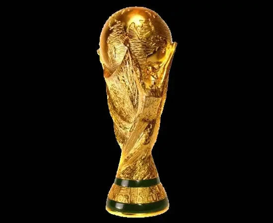 Golden FIFA World Cup trophy on a black background.