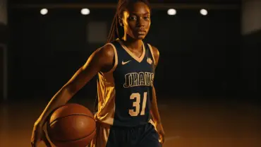 Young female basketball player holding ball in modern arena with dramatic lighting