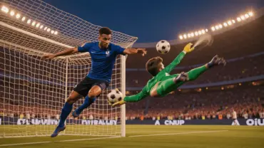France striker shooting on goal against Iraq goalkeeper in World Cup 2026 match