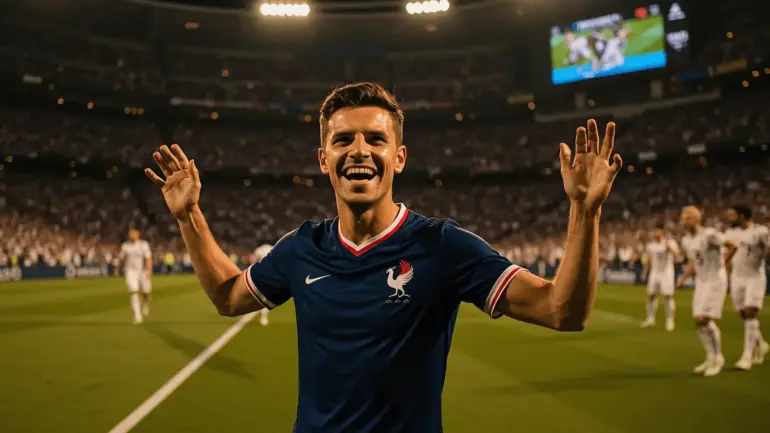 France players celebrate goal against Iraq at 2026 World Cup match in Philadelphia stadium