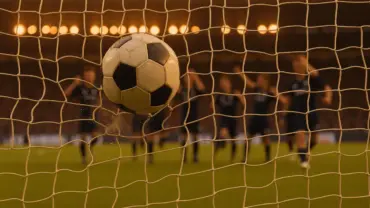 Soccer ball hitting back of net with France players celebrating World Cup goal