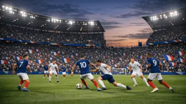France national soccer team playing international match in packed stadium under floodlights