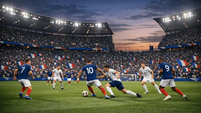 France national soccer team playing international match in packed stadium under floodlights