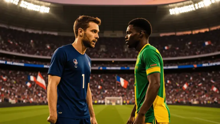France vs Senegal World Cup match at MetLife Stadium with players in national team kits