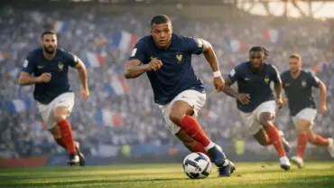 French national team in action during 2026 World Cup match in blue kit with dynamic stadium atmosphere