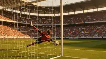 World Cup 2026 soccer match with goalkeeper diving during intense game action in packed stadium
