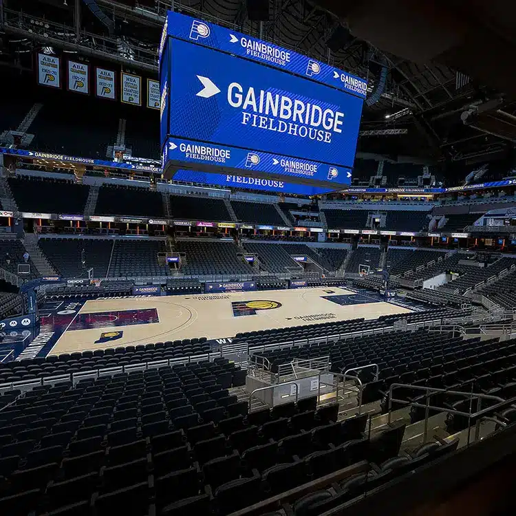 Interior view of Gainbridge Fieldhouse featuring the court and seating area.