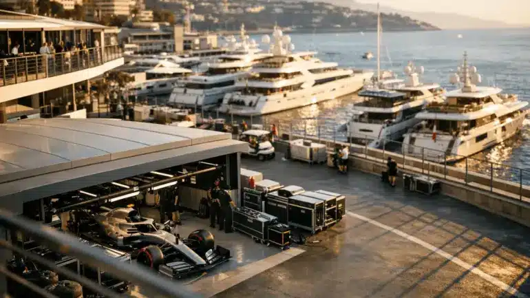 Elevated view of Monaco Grand Prix paddock with Mercedes garage and harbor background