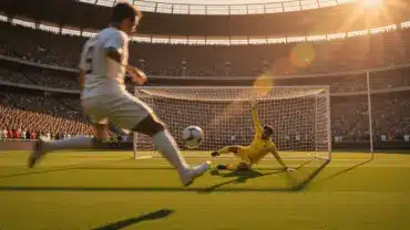 Soccer striker taking powerful shot on goal during World Cup match at packed stadium