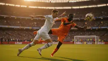 Germany player shooting on goal against Ivory Coast defender in World Cup match action shot