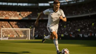 Germany soccer player attacking with ball during World Cup match in stadium