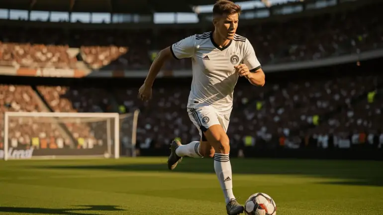 Germany soccer player attacking with ball during World Cup match in stadium