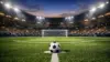 Football stadium at dusk with ball on penalty spot during 2026 World Cup match