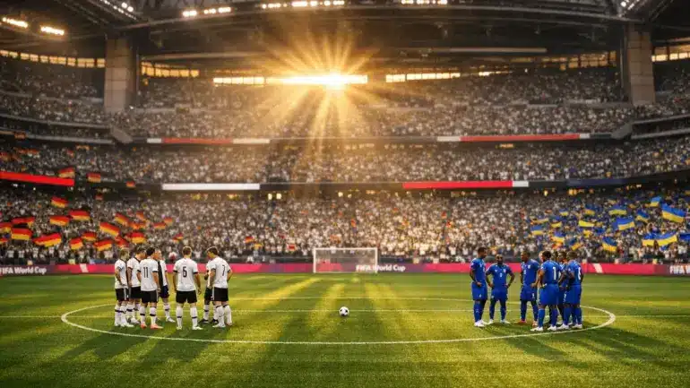 Germany vs Curacao FIFA World Cup 2026 match at NRG Stadium in Houston with both teams on pitch