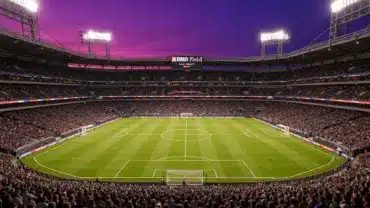 BMO Field Toronto soccer stadium illuminated at dusk before Ghana vs Panama World Cup 2026 match