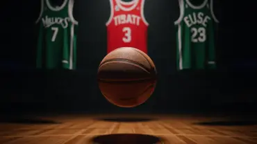 Basketball suspended in arena with team jerseys representing Giannis Antetokounmpo trade talks