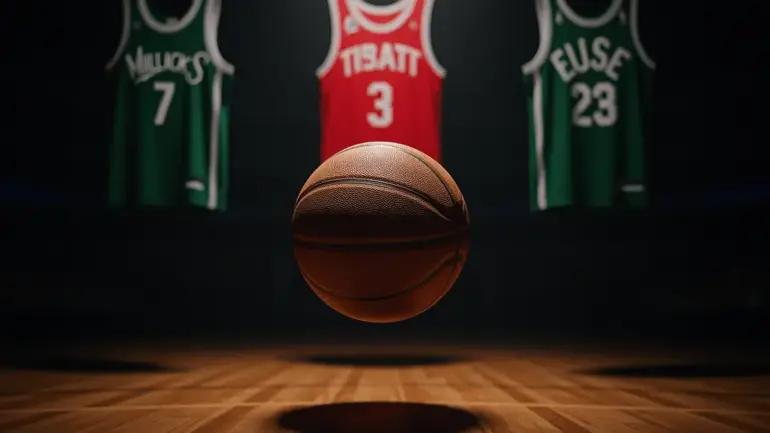 Basketball suspended in arena with team jerseys representing Giannis Antetokounmpo trade talks