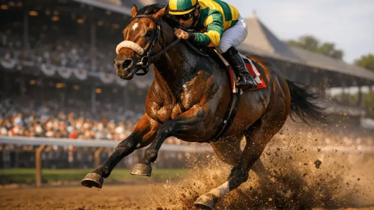Thoroughbred racehorse galloping in final stretch at Saratoga Race Course during Belmont Stakes