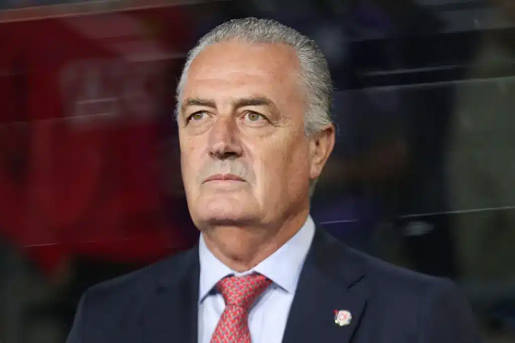 Gustavo Alfaro, manager, looking serious during a match.
