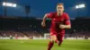 Norway striker sprinting on World Cup pitch in dramatic stadium lighting