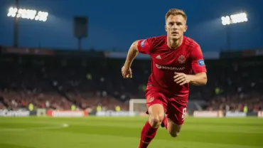 Norway striker sprinting on World Cup pitch in dramatic stadium lighting