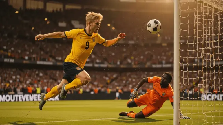 Norway striker leaping to shoot during intense World Cup match against Ivory Coast goalkeeper
