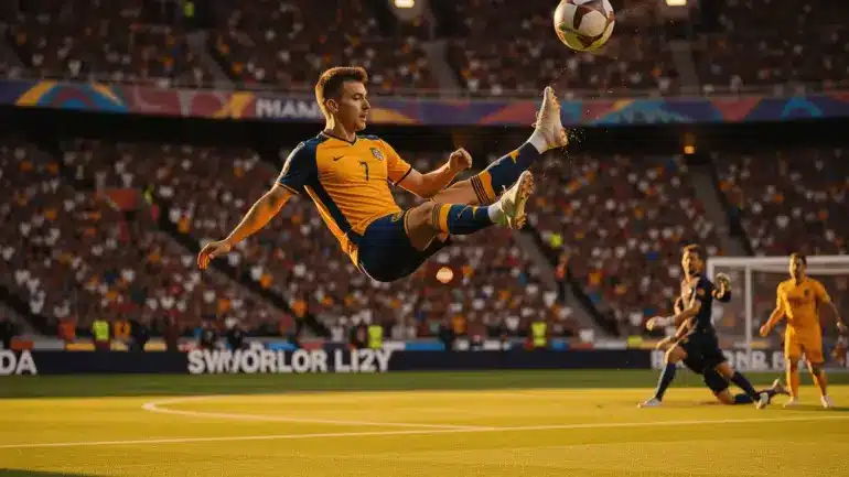 Soccer striker performing bicycle kick during World Cup knockout match in packed stadium