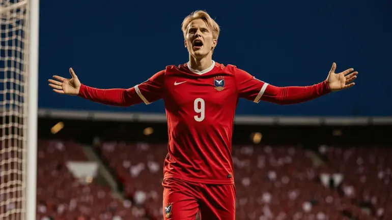 Norwegian striker celebrating goal in dramatic stadium lighting during World Cup match