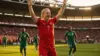 Erling Haaland celebrating in Norway jersey at World Cup match against Senegal at MetLife Stadium