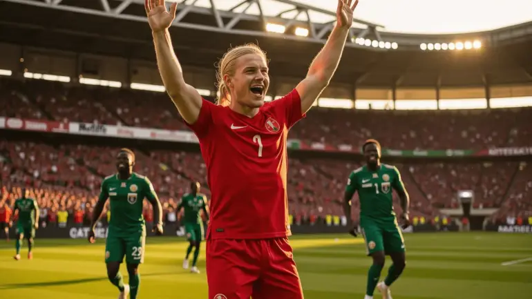 Erling Haaland celebrating in Norway jersey at World Cup match against Senegal at MetLife Stadium