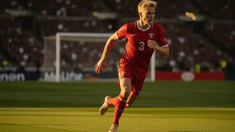 Norway striker Erling Haaland running in national team jersey during World Cup match at MetLife Stadium