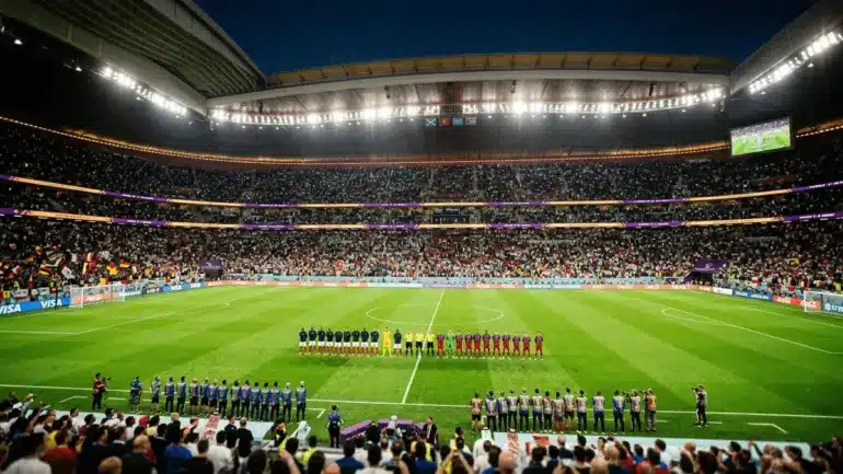 Football teams lined up on illuminated stadium pitch during World Cup match pre-ceremony at night