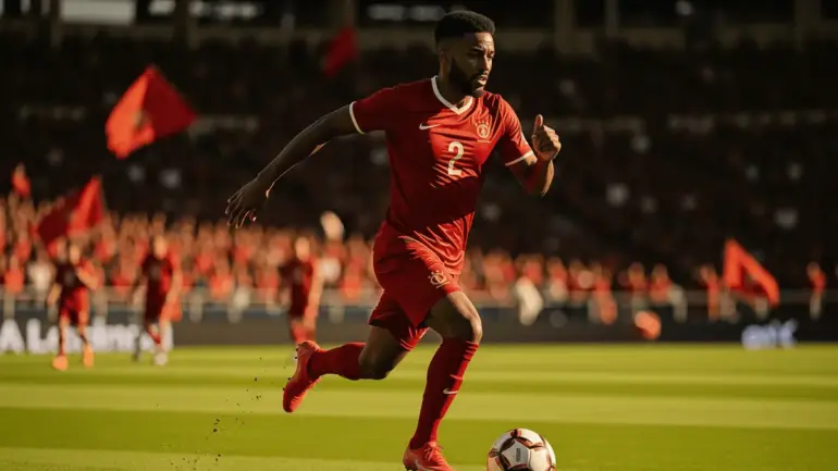Achraf Hakimi sprinting with ball in Morocco jersey during World Cup match at stadium