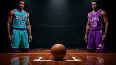 Hornets and Kings jerseys on basketball court representing Domantas Sabonis trade negotiations