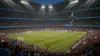 World Cup soccer match in stadium with crowd under floodlights at evening kickoff
