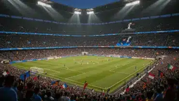 World Cup soccer match in stadium with crowd under floodlights at evening kickoff