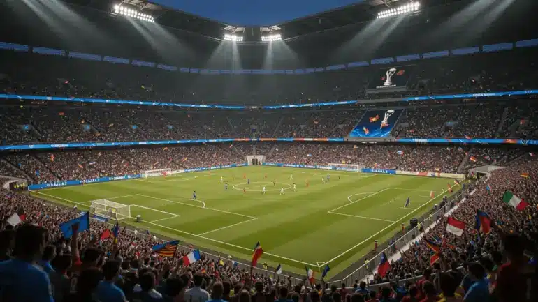 World Cup soccer match in stadium with crowd under floodlights at evening kickoff