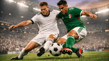 Soccer players compete for ball during World Cup match under stadium lights