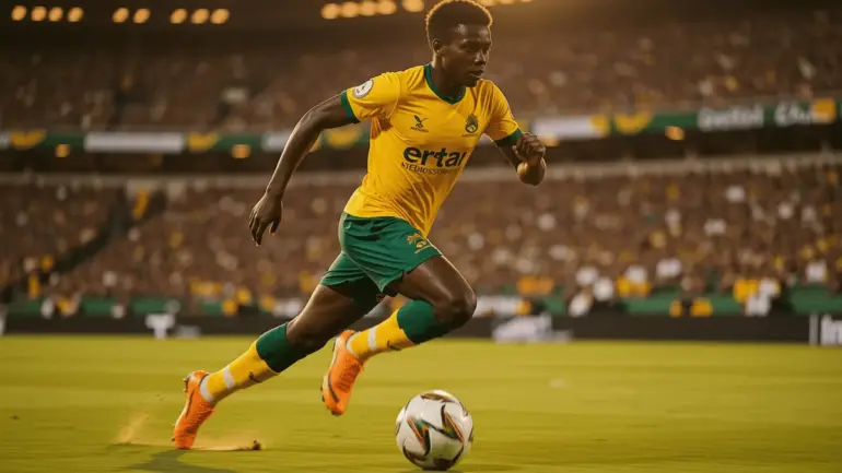Australian soccer player Nestory Irankunda dribbling during World Cup match in yellow Socceroos kit