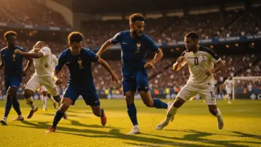 France soccer team attacking during World Cup match with multiple players pressuring defense in penalty area