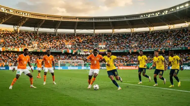 Ivory Coast vs Ecuador World Cup 2026 Group E match action with tactical midfield battle