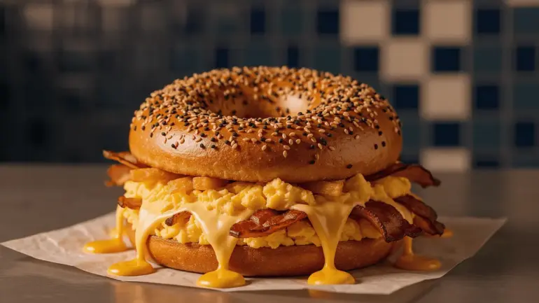 Bacon egg and cheese everything bagel with hashbrowns at New York bodega counter