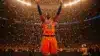 Knicks player celebrating championship victory with confetti at Madison Square Garden
