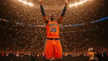 Knicks player celebrating championship victory with confetti at Madison Square Garden