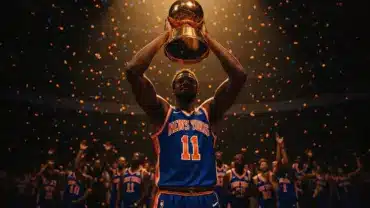 Jalen Brunson celebrates Knicks 2026 NBA championship victory with trophy at Madison Square Garden