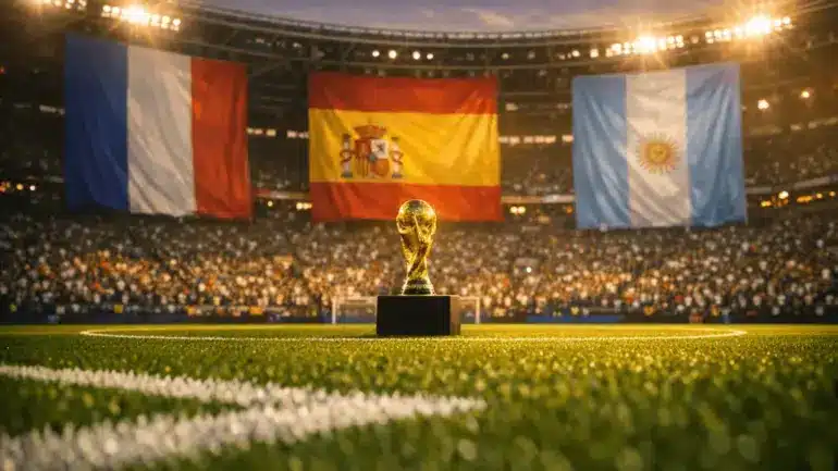 World Cup trophy on stadium pitch with France, Spain, and Argentina flags in stands at sunset