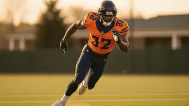 Denver Broncos wide receiver making explosive cut during practice on green turf
