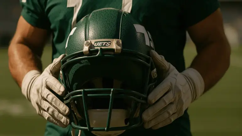 NFL Jets offensive lineman holding helmet in professional stadium setting