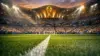 Dramatic World Cup stadium at twilight with illuminated pitch and crowd in blue, white and red colors